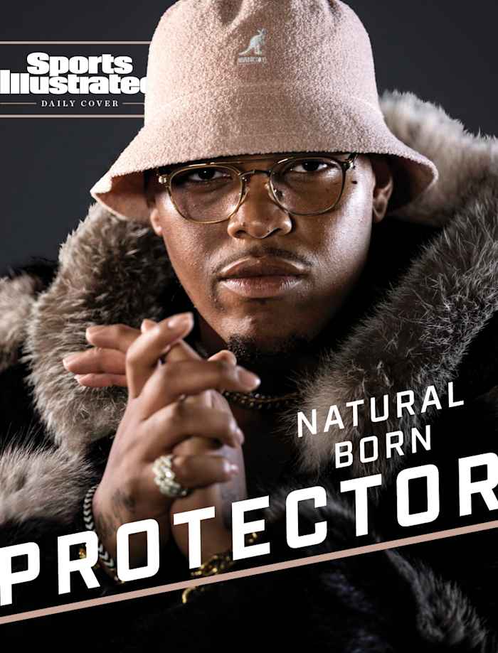 Portrait of Orlando Brown Jr. in a mink coat for SI Daily Cover
